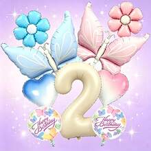 Conjunto de globos con temática de mariposas soñadoras, incluye globos con números en blanco lechoso, globos de mariposas en degradado rosa y azul, globos de margaritas, globos de corazones en degradado, adecuado como regalo sorpresa para niños y niñas, fiesta de cumpleaños con tema de hadas, reunión lúdica entre padres e hijos, decoración de habitación femenina, celebración o fiesta del centésimo día del bebé, creando una atmósfera de fiesta inspirada en cuentos de hadas, alegre, suave y enérgica - Ver 5