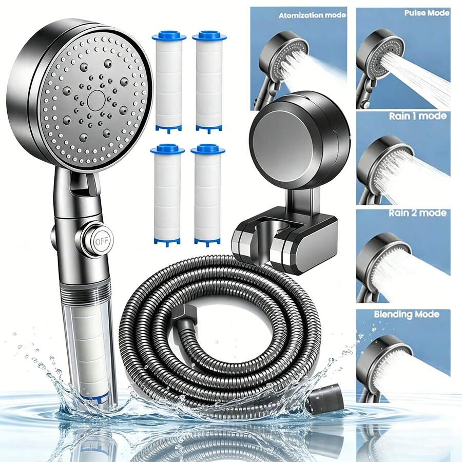 5-Setting High Pressure Handheld Shower Head Set - Detachable Shower Head With On/Off Switch, 4 Replacement Filters, Stainless Steel Hose And Adjustable Bracket Suitable For Hard Water - Shower Set - View 1