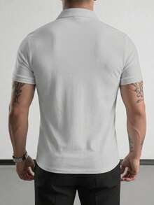 Camisa polo de manga corta de unicolor, de media cartera, versátil y casual para uso diario para hombres - Gris Claro - Ver 4
