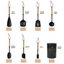 Meoky 7件組廚房配件工具廚具烹飪器具套組 矽膠烹飪用具配天然木柄 7件1組木柄廚具不沾配件 烹飪廚房用具套組工具 - 黑色 - 查看 2