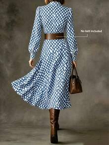 HUTENER (No Belt Included) Spring/Summer Elegant Floral Print Waist Cinched Shirt Dress, Long Dress Design, Suitable For Commuting, Work, Dating Vacation - Royal Blue - View 3