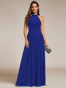 EVERPRETTY Charming Women's Halter Neck Backless Sleeveless Pleated Ruched Twist Design High Elastic Formal Evening Gown Wedding Party - Royal Blue - View 2