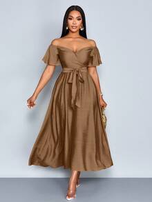 fsvsSOLERSUN Vestido elegante de hombros descubiertos para resort con ajuste ceñido, adecuado para vacaciones, vida diaria y citassdvs SW4N - Caqui - Ver 1