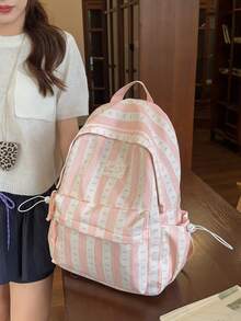 Cute Bow Striped Contrast Color Side Pocket Drawstring Multi-Pocket Large Capacity Water-Resistant Backpack, Casual College Style Bookbag Fits Books & Study Materials, Ideal For School, Commute, Travel - Multicolor - View 9