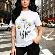 Camiseta de mujer con estampado de flores margaritas blancas y brotes azules - camiseta casual de manga corta, ajuste cómodo y elegante, estilo urbano y bohemio para la ciudad - ideal para paseos por el centro, salidas casuales y regalo perfecto para - Blanco - Ver 9
