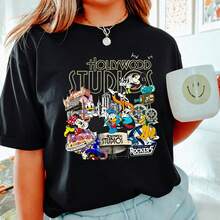 Disney Women's And Men's T-Shirts Classic  Studios Disney Characters And Icons Printed Oversized T-Shirts, 100% Cotton Retro Short-Sleeved Casual Shirts, And Graphic Printing T-Shirts For Family Park Vacation Matching Outfits - màu đen - Xem 1