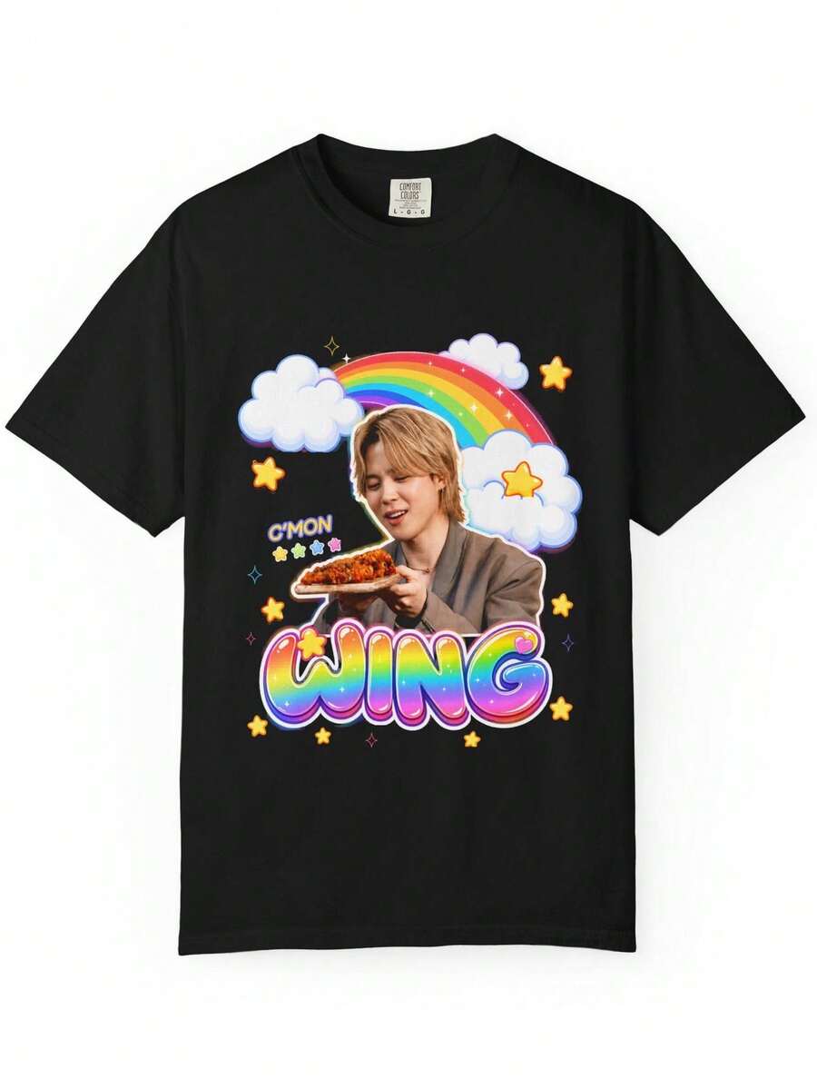 Come On Wing Jimin T-Shirt, Vintage 90s Y2K Tee, Casual Round Neck, Machine Washable, All-Season Comfort, Casual Summer Beachwear For Daily Wear Top With Slight Stretch Fabric - 黑色 - 查看 1