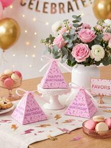 12個粉色K-POP閃電三角禮物盒，「Happy Birthday」印花，粉色與K-POP主題，1歲生日派對伴手禮，嬰兒洗禮裝飾，多用途包裝盒，性別揭曉派對用品，男嬰/女嬰派對裝飾，粉色K-POP閃電裝飾，禮物包裝袋，居家裝飾，桌面裝飾 - 粉紅色閃電 - 查看 4