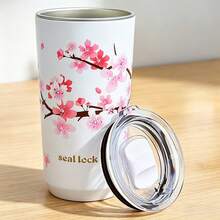 1pc Women's Sakura Flower Insulated Tumbler With Lid, Pink Floral Pattern, Double-Wall Vacuum Design, Suitable For Carrying Hot Drinks Like Coffee And Tea Outdoors, Travel Coffee/Tea Cup, Gift For Women, Family, Friends - Multicolor - View 2