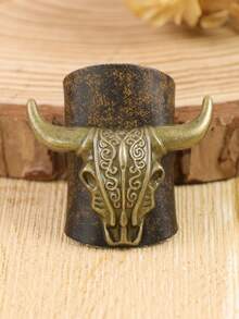 1PC Western Cowboy Bull Skull Bandana Slide, Vintage Bronze Scarf Ring With Leather Wrapper, Retro Western Style Neckerchief Slide For Men & Women(Not Include The Scarf) Halloween - A - View 6