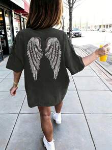 Girls Navy Blue Round Neck Short Sleeve T-Shirt, Angel Wings Rhinestone Print Casual Top - Dark Grey - View 2