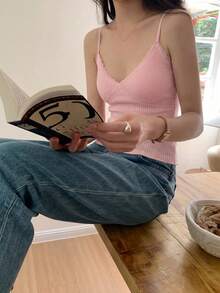 女款蕾絲V領性感吊帶內衣，露背加墊短版Bralette上衣，夏季粉色休閒款 - 粉色 - 查看 5