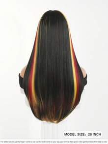 7JHH WIGS 女用黑紅金配色 26 吋長直分層假髮，附瀏海，耐熱纖維，萬聖節彩色造型假髮，適合節慶穿著、派對 Cosplay 使用 - 彩色 - 查看 3
