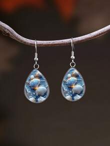 1 Pair Ocean Seashell & Starfish Design With 316 Stainless Steel Waterdrop Earrings, Cute Minimalist Style Suitable For Women's Daily Wear And Gifts, Elegant Minimalist Jewelry Earrings Suitable For Women's Daily And Vacation Wear - Baby Blue - View 2