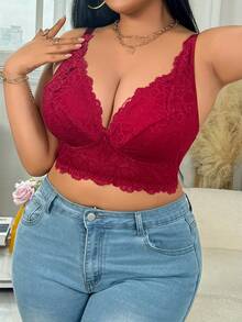 Women's Plus Size Deep V Full Lace Sexy Long Bra, Burgundy Lace Strap Wireless Comfortable Lingerie - Burgundy - View 1