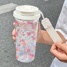 1個/5個 500ml 多色花卉印花塑膠杯附手柄,防漏吸管杯,適用於冰咖啡、茶、果汁、燕麥奶,送給女友的生日禮物 - 多色1 - 查看 10