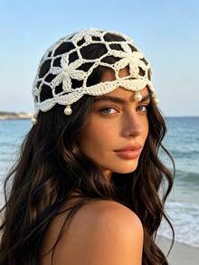 1 chiếc mũ chống nắng phong cách Bohemian đan len họa tiết hoa rỗng đính ngọc trai giả và tua rua - Nhiều màu - Xem 12