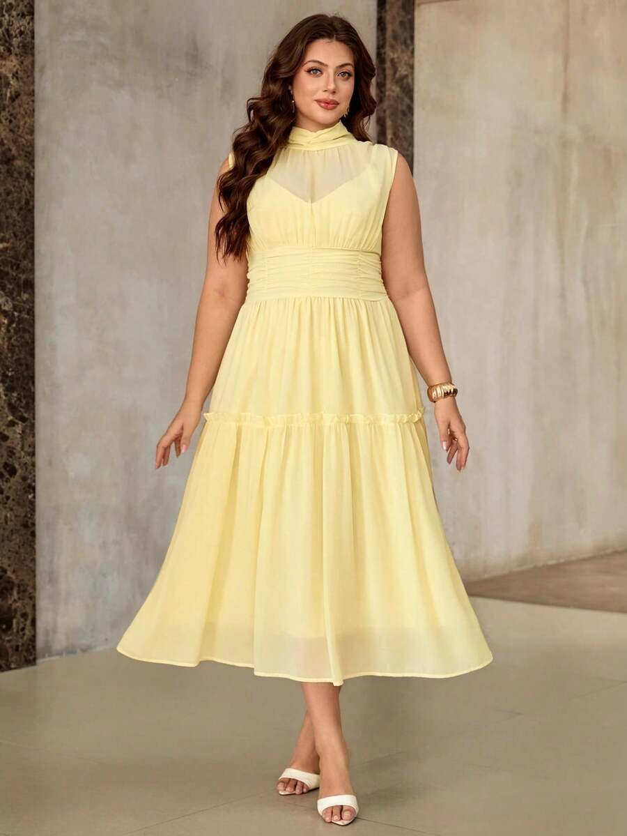 Roveilla Vestido maxi de mujer talla grande de unicolor de gasa con cuello alto, cuello fruncido, cintura ceñida, dobladillo paraguas, volantes románticos, cintura elástica, sin espalda, sin mangas, elegante, estilo vintage francés, romántico, minimalista, formal, oficina, casual, playa, vacaciones, estilo callejero, tarde de té, cómodo, diario, romántico, San Valentín, cita, boda, fiesta, primavera, verano, nuevo - amarillo ganso - Ver 1
