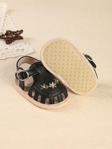 1 Pair Solid Color Printed Flat Design Fashionable Cute Princess Sandals Breathable Walking Shoes For Infant Girls, Suitable For Summer - Black - View 8