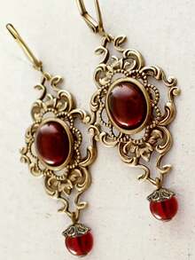 2 piezas Pendientes con colgante de gema geométrica vintage roja, estilo palacio, adecuados para fiestas y reuniones - Multicolor - Ver 5