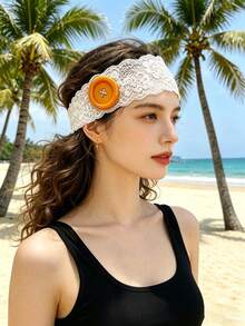 1件优雅时尚女士夏季发带，蕾丝印花设计发饰，吸汗简约甜美发带，女士发饰，夏季服饰配饰 - 白色 - 查看 4