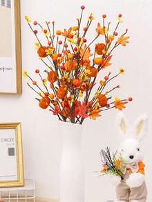 1pc Fake Plant, Autumn Berry Pumpkin Branch, 19.5 Inch Red Maple Leaf Branch With Pumpkin Berries, Autumn Berry Floral Arrangement, For Harvest Festival, Halloween, Thanksgiving Kitchen Dining Table Centerpiece Decoration, Fall Decor - Multicolor - View 7