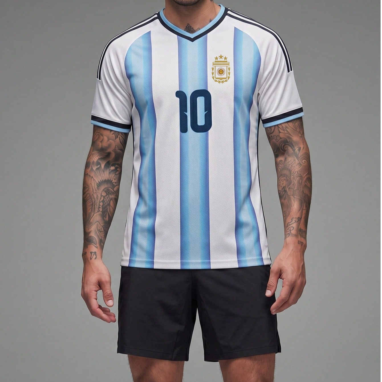 Conjunto de camiseta de fútbol Zenbolt para hombres No.10 Argentina, camiseta de fútbol de manga corta con cuello en V a rayas & pantalones cortos,