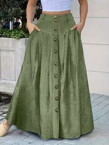 Women's Minimalist Solid Color Casual High-Waist Casual Skirt (Front Button Closure) - Olive Green - View 5