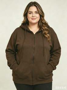 Women's Plus Size Blouse With Zipper, Pockets, And Fur Trim. - 摩卡棕 - 查看 1