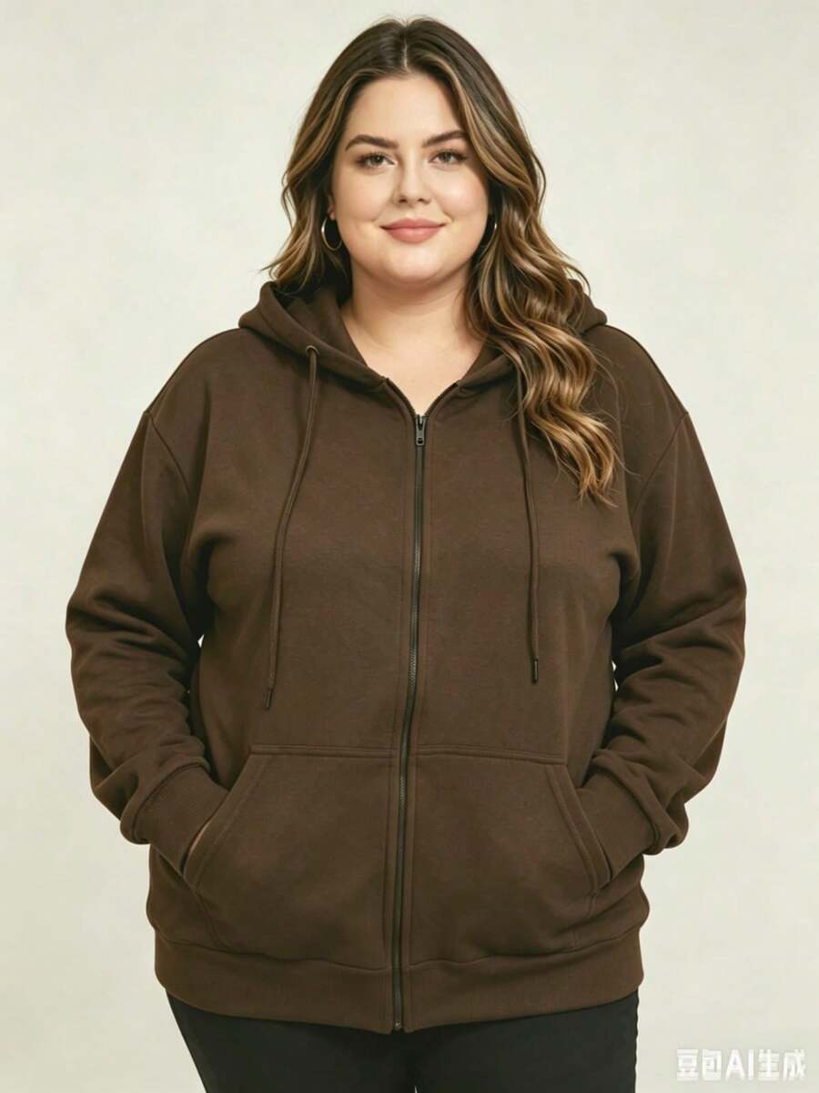 Women's Plus Size Blouse With Zipper, Pockets, And Fur Trim. - 摩卡棕 - 查看 1