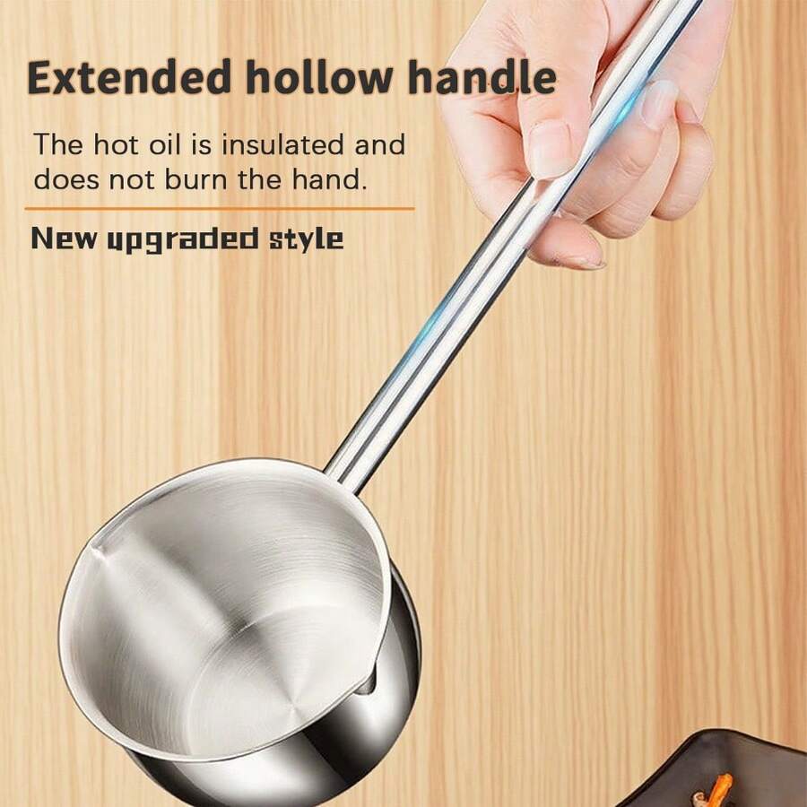1Pc Silver Stainless Steel Oil Heating Pot With Long Steel Handle, Heat Resistant Anti-Scald Long Grip Design, Thickened Body Fast Even Heat Conduction, Rustproof Wear-Resistant Easy Clean Kitchen Cookware, Sturdy Durable Multipurpose Pot, Ideal For Hot Oil Cooking, Seasoning Blending, Small Dish Frying And Daily Household Kitchen Cooking Use - View 1