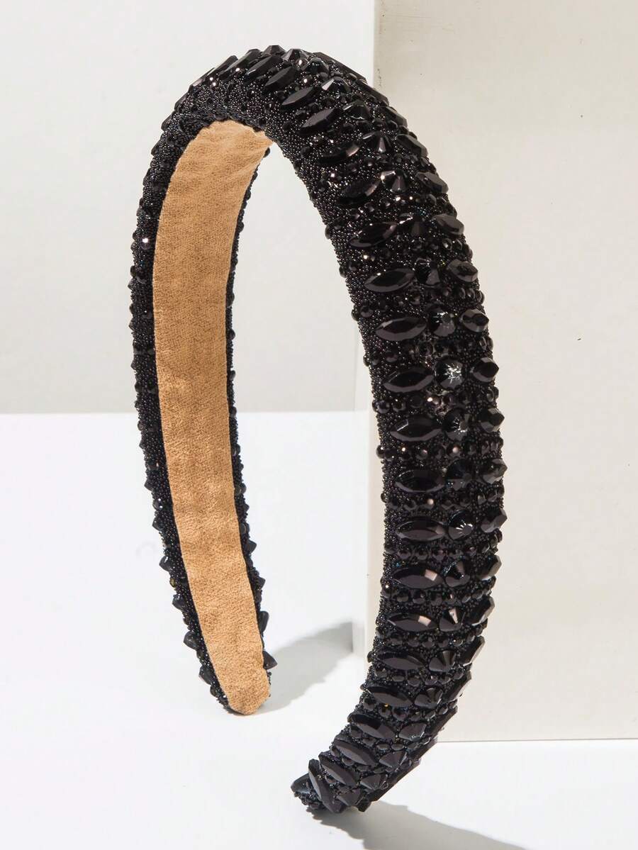 1pc Solid Color Rhinestone Decorated Headband, Minimalist Elegant Sponge Crown Jewel Decor Hair Accessory, Versatile Daily Wear Hairband - Black - View 1