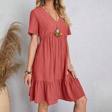 Summer Thin Plus Size Women Dress, Loose Casual Short-Sleeve Waist-Tied Flowy Dress - Đỏ - Xem 3