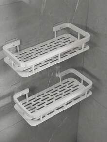 2Pcs No Drill Shower Caddy Shelf Heavy Duty Rust Resistant Plastic Wall Rack With Drain Hole Self Adhesive Space Saver For Shampoo Cosmetic Toothbrush Kitchen Bathroom Household Organizer - Multicolor 2 - View 13