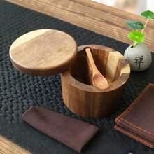 1PC Acacia Wood Salt Jar Solid Wood Seasoning Box Wooden Pepper Box Kitchen Seasoning Bottle Salt Box Storage Seasoning Jar - Brown - View 5
