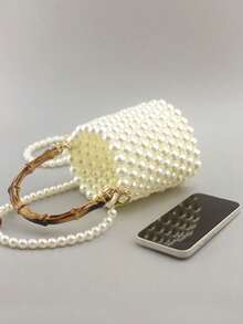 Fashionable, Lightweight, Large Capacity, Simple Daily Shoulder Bag, Niche Design, Versatile Handbag, Solid Color, Personalized, Exquisite Faux Pearl Crossbody Bag, Suitable For Shopping, Daily Outings, Parties - White - View 6