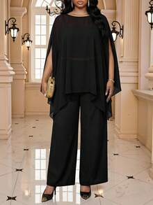 Fleurora Plus Size Elegant Party Solid Color Sheer Cape Blouse Plus Size Black Top Plus Size Sheer Top Spring Top For Women Going Out Tops Summer Tops Elegant Women's Blouses Casual Blouse For Women Work Outfits For Women Peplum Top - Black - View 4