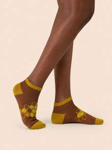 5 paires de chaussettes femme mignonnes avec imprimé abeille et nid d'abeille, chaussettes basses décontractées rayées marron et jaune, motif alimentaire délicieux, chaussettes adorables de haute qualité pour un port quotidien - Multicolore - Voir 6