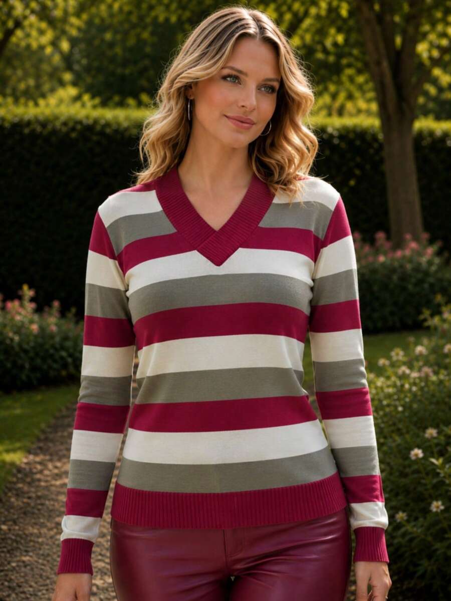 Women's Striped Sweater Top | Women's Long Sleeve Striped Top | Striped V-Neck Top - 紅色-米色 - 查看 1