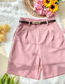 Women's Tailored Bermuda Shorts With Belt, Zipper, And Bag - 淺粉色 - 查看 4
