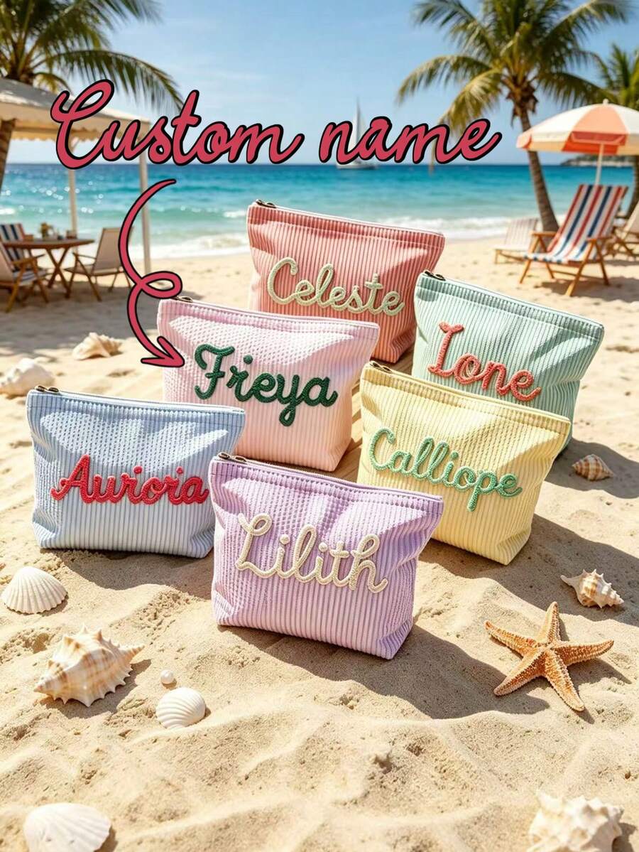 Personalized Fine Striped Cosmetic Bag, Customizable Name Makeup Pouch, Bridesmaid Gift, Travel Toiletry Bag, Striped Wash Bag, Beach Purse, Gift For Women, Aesthetic - Multicolor - View 1