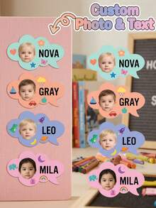 Individuelle Foto-Namensschilder, personalisierte Kinder-Namensaufkleber, süße Sprechblasen-Namensetiketten, anpassbare Textaufkleber in Sprechblasenform mit Cartoon-Icon-Designs, druckbar mit individuellen Fotos und Namen, geeignet für Kinder - Dialogfeld - Übersicht 2