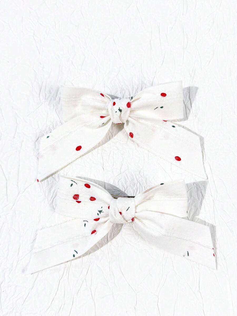 2pcs Women's White Base Red Polka Dot Bow Hair Clips, Fresh Pastoral Style, Fashionable Versatile Headwear,Hair Barrettes