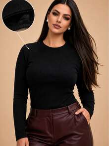 Long-Sleeved, Fleece-Lined, Ribbed Knit, Thermal, Flannel-Lined, Warm, Comfortable, Soft, Office, Festival, Fashion, Autumn And Winter 2026, Valentine's Day. - 黑色 - 查看 1