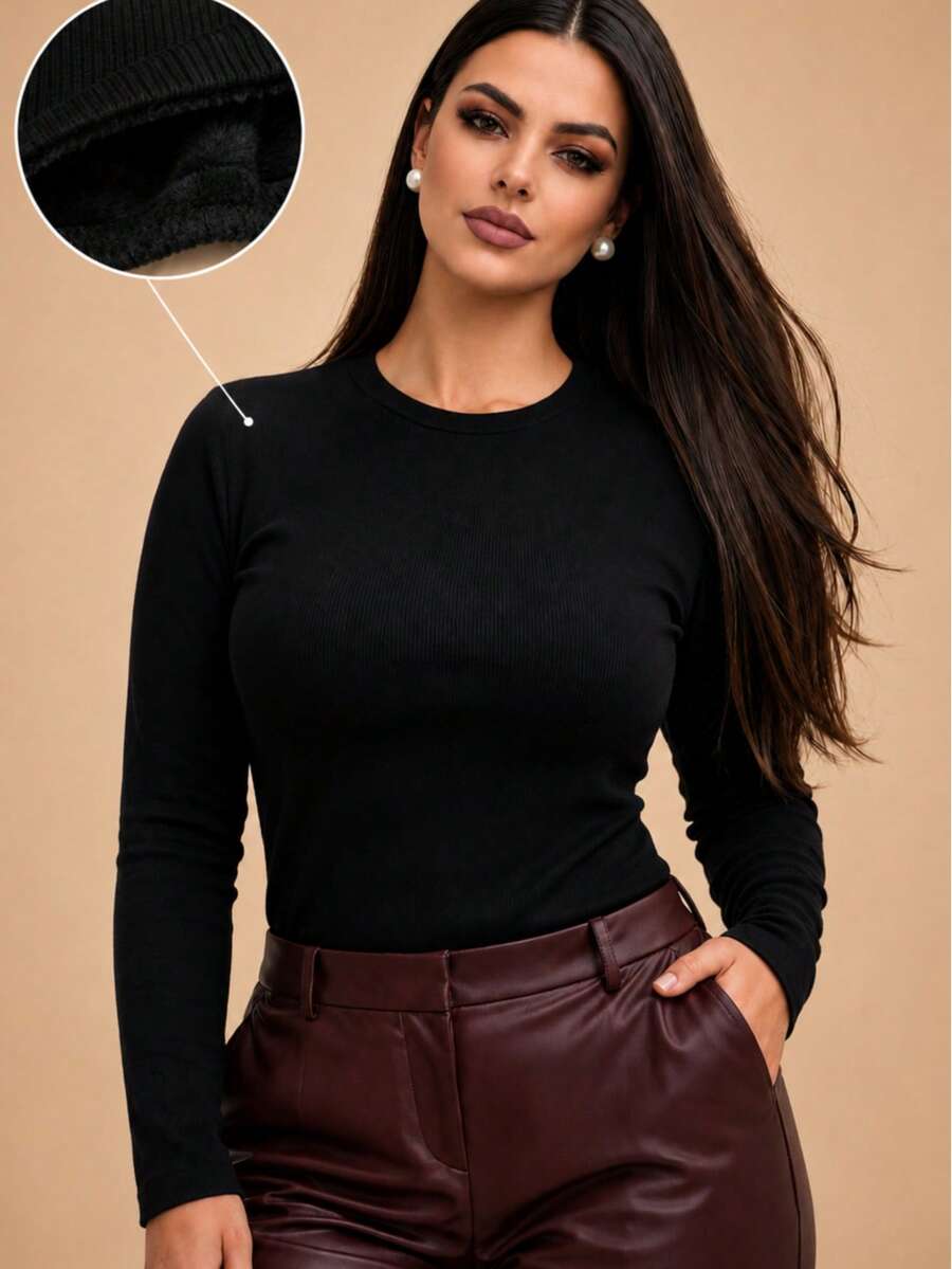 Long-Sleeved, Fleece-Lined, Ribbed Knit, Thermal, Flannel-Lined, Warm, Comfortable, Soft, Office, Festival, Fashion, Autumn And Winter 2026, Valentine's Day. - 黑色 - 查看 1