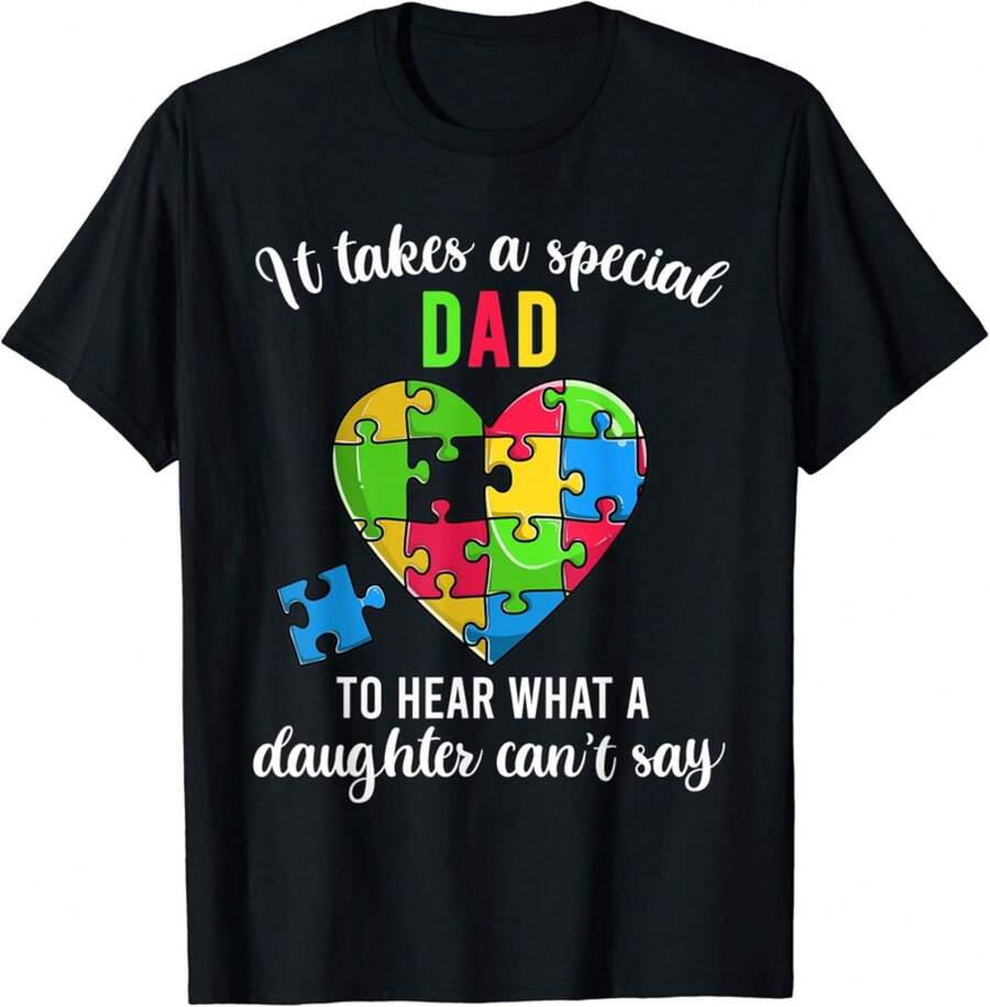 Dad Autism Awareness Family Support Shirts, Fun Heart Puzzle Gift Unisex T-Shirt - 黑色 - 查看 1