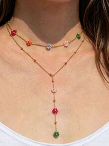 Stainless Steel Multi-Color Beaded Flower Decorative Necklace, Gold-Plated Y-Shaped Chain Necklace, Elegant Minimalist Style, Suitable For Women's Daily Wear, Can Be Used As Valentine's Day, Mom, Mother's Day Gift - Multicolor - View 2