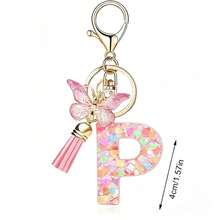 Llavero con letra, borla y colgante de mariposa, para billetera, mochila, bolso de mano - Multicolor - Ver 19