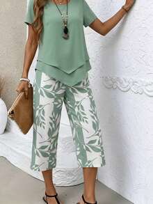 Women's Leaf Print 2 Piece Outfit, Lightweight Breathable Asymmetrical Hem Short Sleeve Top & Capri Pants, Casual Daily Vacation Summer Outfit Set - màu xanh lá - Xem 6
