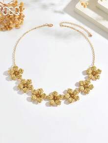 OOQ 1pc Elegant Casual 5-Petal Flower Shaped Chain Necklace For Women, Fashionable Charming Design, Suitable For Summer Beach, Party, Music Festival (Handmade Raffia Weaving, Random Shape) - Khaki - View 4